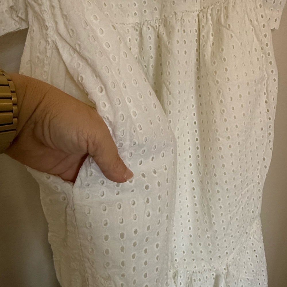 A New Day White Eyelet Midi Dress 100% Cotton Puff Sleeve Pockets LWD Bride L - Picture 10 of 11